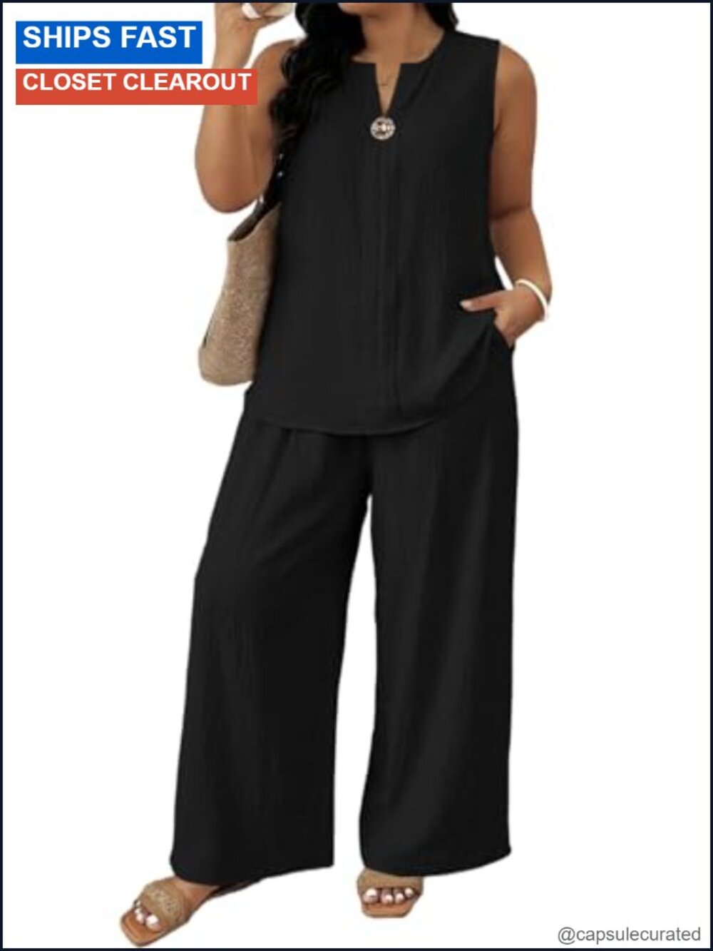 Plus Size 2 Piece Set Sleeveless Top Wide Leg Pant Lounge Travel
